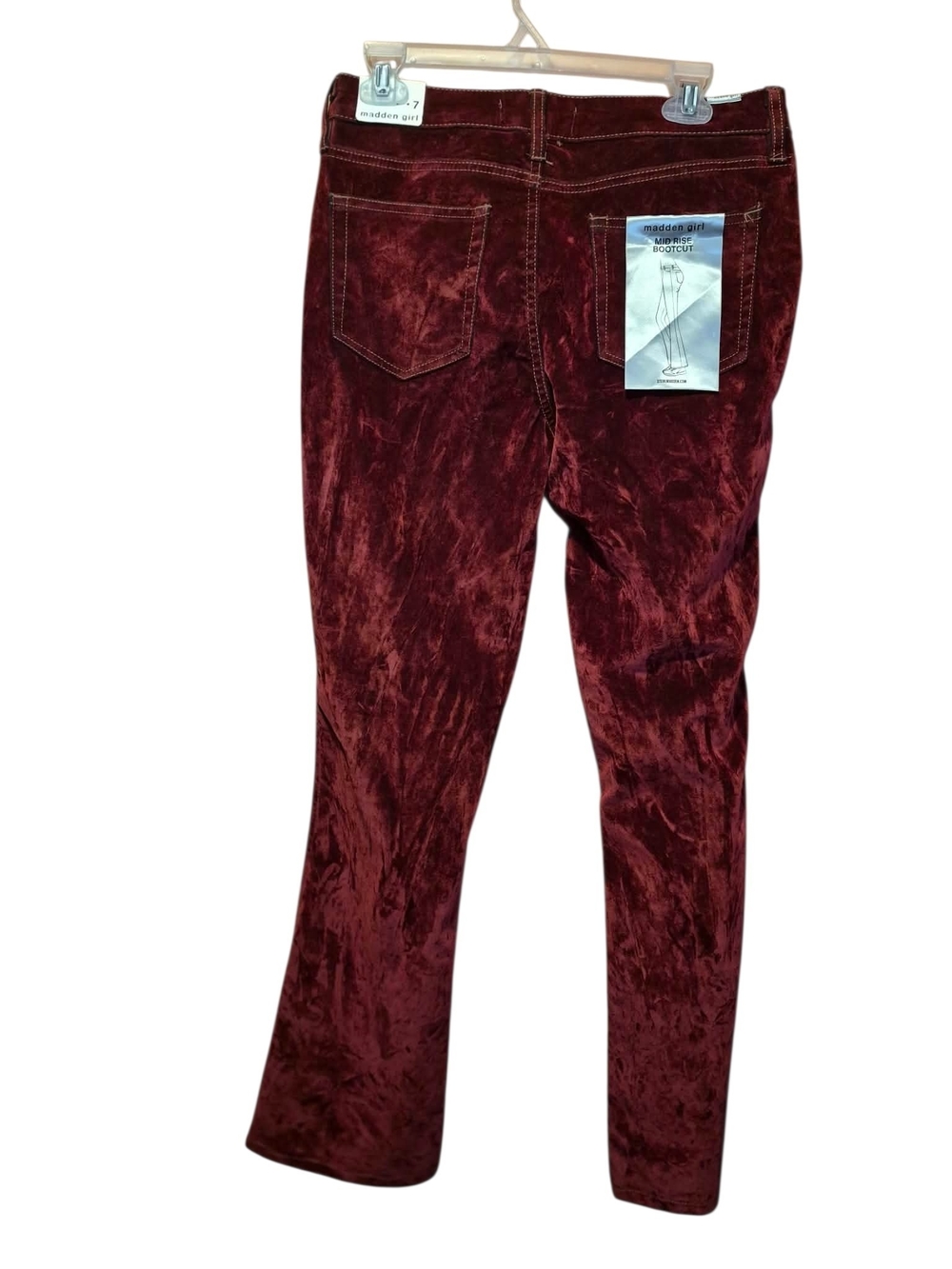 Madden Girl Women Burgundy Crushed Velvet Straight Jeans - Picture 2 of 5